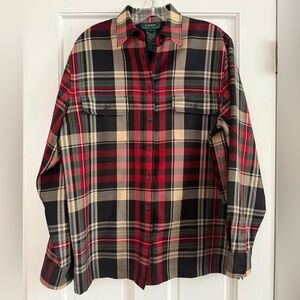 Women's Lauren Ralph Lauren Red & Black Button Front Plaid Shirt, Size L.